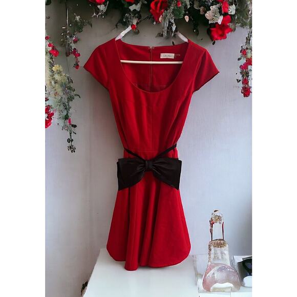 Calvin Klein Women's Short-sleeve Belted Bow Dress Size 10 Red Black Classic EUC - Picture 1 of 6